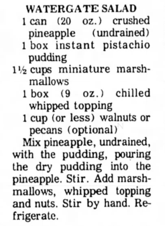 A Watergate Salad recipe from the Mount Vernon Register News, 1975, via Newspapers.com.